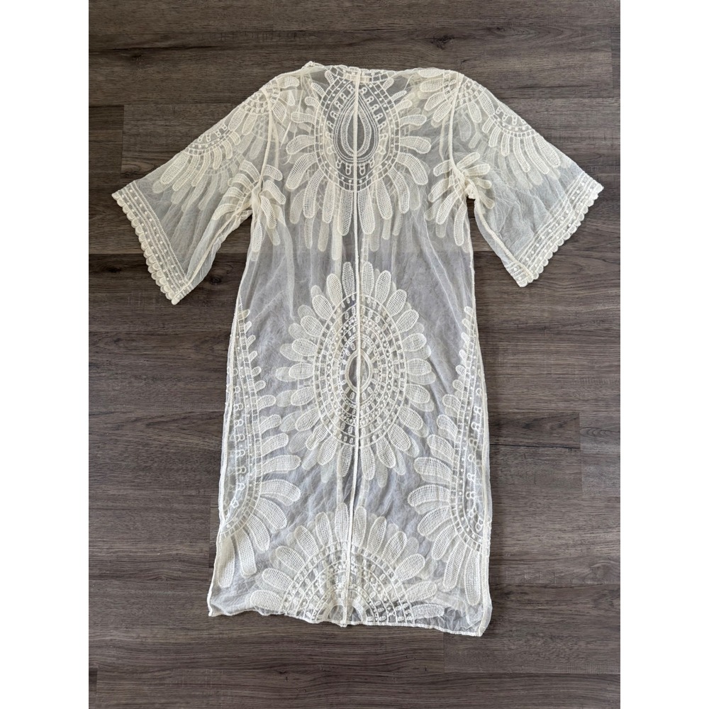 Rebellion Lace Kimono Cardigan Ivory Embroidered Duster Boho Cover-Up Size Small - Picture 8 of 11